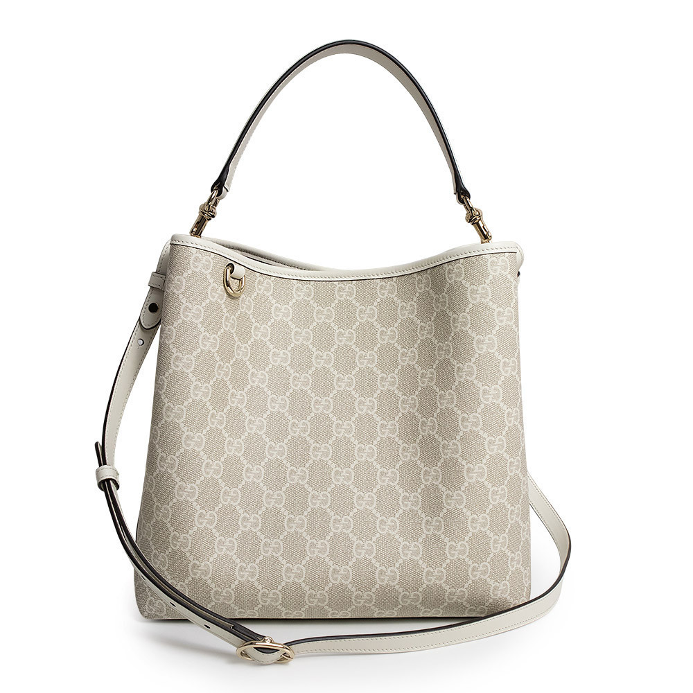 GUCCI GG Emblem Bucket Bag Supreme Canvas Leather White Handbag